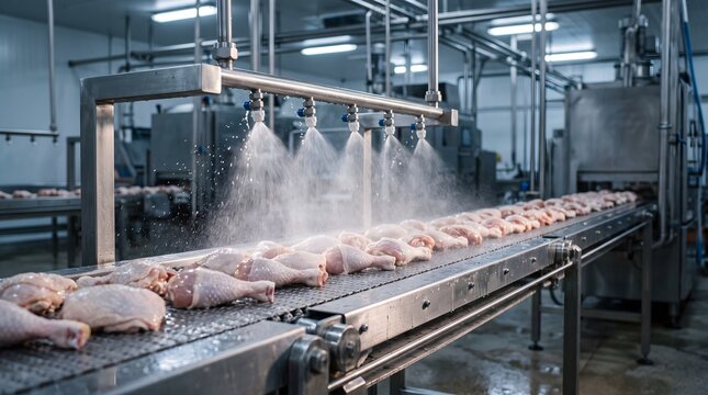 Industrial poultry processing line with raw chicken legs sprayed on a conveyor belt in a sterile food factory commercial technology abstract concept