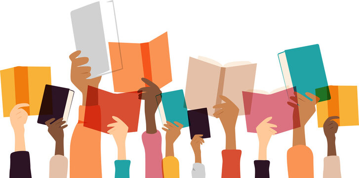 Hands holding books. Modern colourful design.
