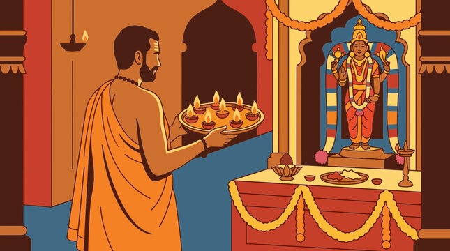 Priest Performing Aarti Fire Ritual Flat Style Vector Illustration
