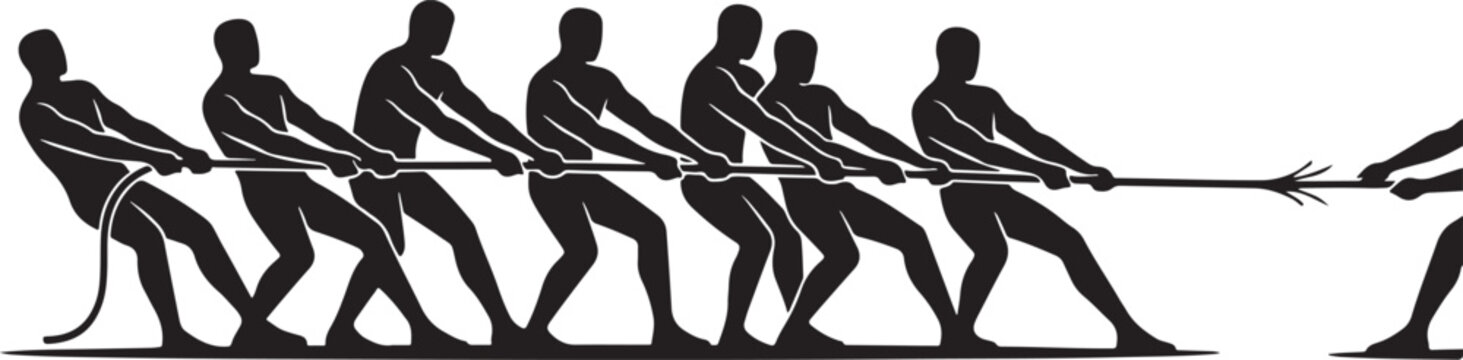 Silhouette of two teams of people pulling a rope in a tug of war competition, representing conflict, rivalry, and struggle