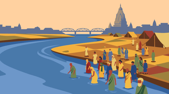 Pilgrims Bathing in Sacred River at Kumbh Mela Flat Style Vector Illustration