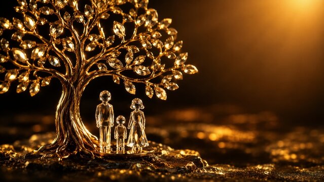 Golden wealth tree with glass family figurines for generational asset and legacy concept