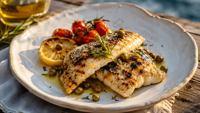 Grilled white fish fillets with cherry tomatoes and lemon on a plate