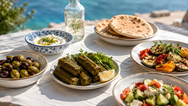 Traditional greek meze spread on a table overlooking the ocean