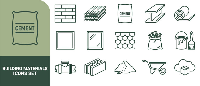Set of 15 outline construction building including cement, bricks, wood planks, steel beam, roofing, paint, and tools