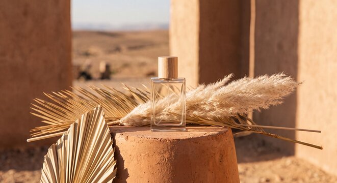 Minimalist glass perfume bottle mockup on a terracotta pedestal in a desert setting with dried palm leaves and pampas grass