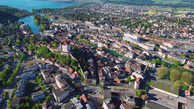 Aerial view around the old town of the city Thun, switzerland on a sunny spring morning