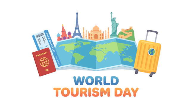 World Tourism Day illustration with famous landmarks and travel essentials.