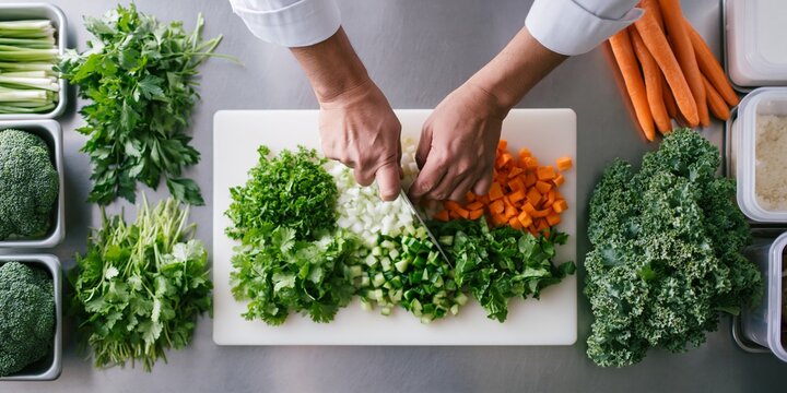Chef chopping fresh vegetables on cutting board