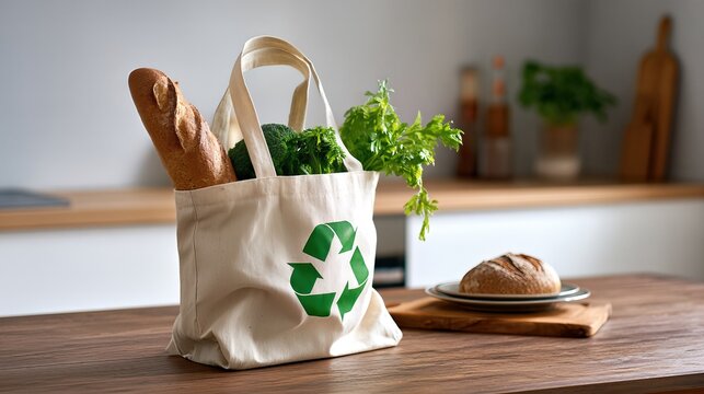 Reusable shopping bag filled with food on kitchen table, eco lifestyle concept, sustainable grocery routine, conscious consumption habit, simple everyday home scene