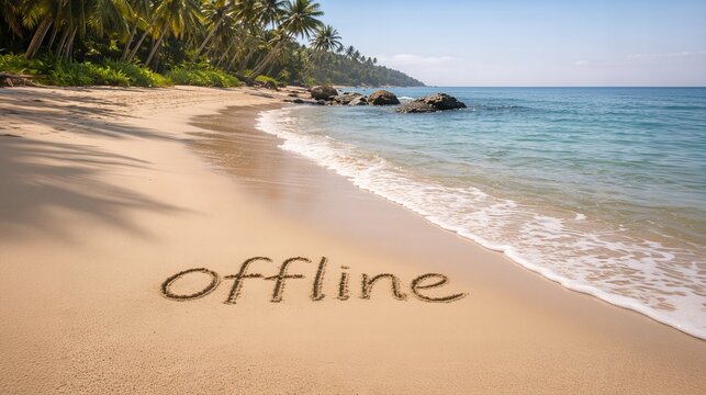 Offline word written in sand near ocean waves, digital detox and unplugged lifestyle concept, conscious break from technology, slow living and mindfulness by sea