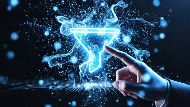 Finger interacting with glowing sales funnel icon and data streams.