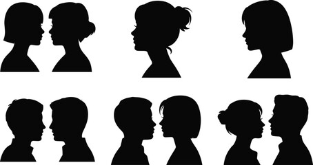Women and Couple Profile Silhouette Collection Set with Female Side View Portraits and Face Profiles © MstSakila