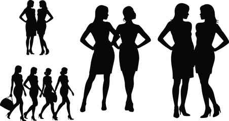 Fototapeta premium Women Fashion Silhouette Collection with Stylish Female Models and Elegant Walking Poses Vector Set