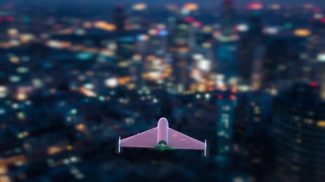 Unmanned kamikaze  drone flies above a blurred city skyline at night in a cinematic 3D render exploring modern autonomous military surveillance concepts