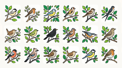 Set of 18 Flat Vector Icons of Various European Birds Perched on Branches with Green Leaves, Clean Graphic Design, White Background © sus