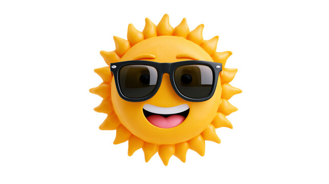 Smiling sun with sunglasses on transparent background yellow face smiley happy icon emoji character toy plastic