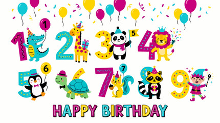 Fototapeta premium Cute Flat Style Animals Celebrate Numbers 1-9 with Balloons and Confetti, Happy Birthday Graphic Resource