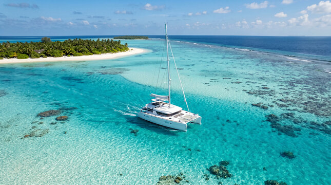 White catamaran sailing in tropical turquoise ocean water.
