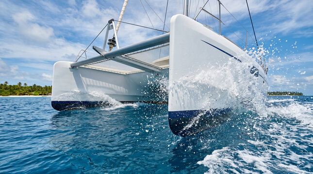White catamaran yacht sailing through splashing waves.
