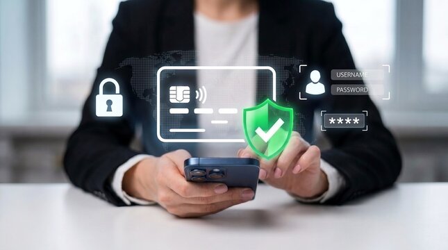 cybersecurity and digital identity protection for mobile banking with secure online transaction interface featuring biometric authentication and encrypted payment gateway technology

