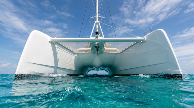 White luxury catamaran sailing on blue ocean water.