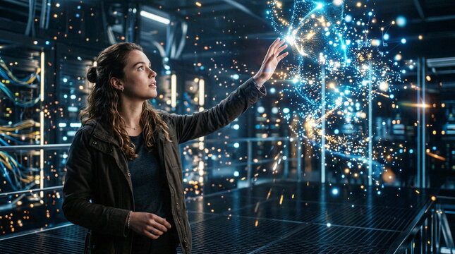 Woman interacting with a glowing digital particle light cloud.