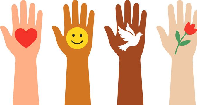 Colorful vector illustration showing four distinct hands with different symbolic icons