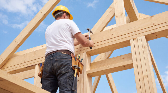 Construction worker in yellow hard hat using hammer on wooden frame of a building under a clear blue sky during daylight hours