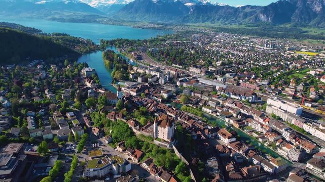 Aerial view around the old town of the city Thun, switzerland on a sunny spring morning