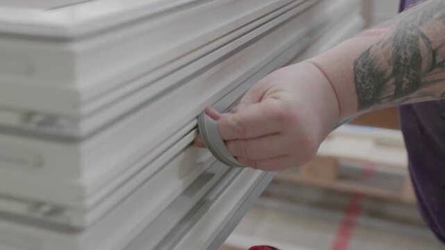 Close-up of a worker fitting rubber insulation gasket into stacked window frames during workshop assembly