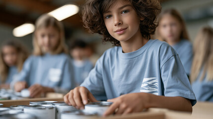 Obraz premium A group of eight-year-olds in matching volunteer shirts sorts donated canned goods at a community food pantry, small hands carefully stacking labels outward, warm indoor lighting