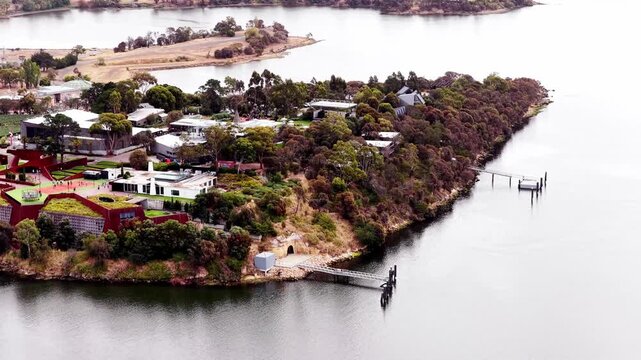 Close up aerial facade of museum complex in Greater Hobart on riverfront Derwent.