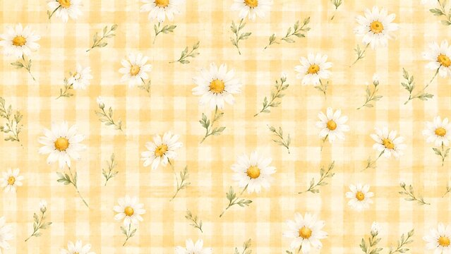 Seamless pattern with watercolor daisies and yellow gingham check background