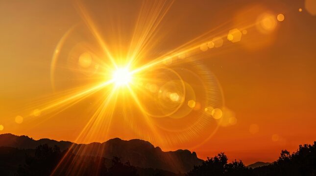Vibrant sunset over mountain range with sun rays and lens flares