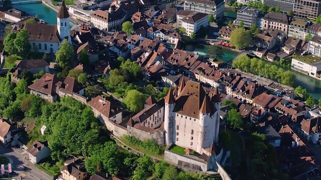 Aerial view around the old town of the city Thun, switzerland on a sunny spring morning