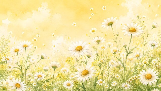 Watercolor painting of a beautiful field of white daisies in a sunny yellow meadow