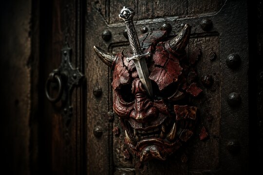 A shattered demonic mask pinned to an old oak door by a silver dagger.