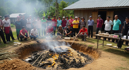 Obraz premium Villagers gather around an open fire pit to prepare a traditional communal meal in a rural setting.