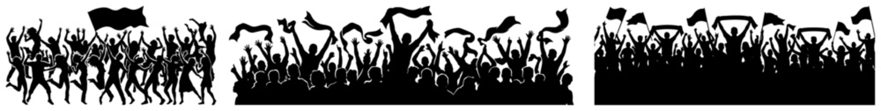 Cheering crowd silhouettes at concert or sports stadium in black and white flat style