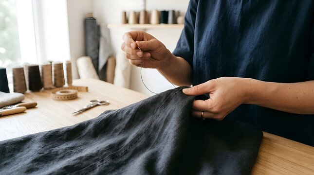 Close-up of hands sewing dark fabric with needle and thread on wooden table