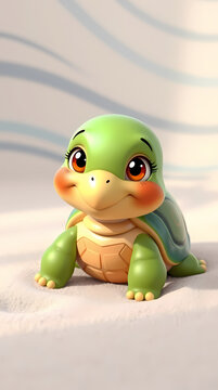 Adorable cartoon turtle with large eyes and rosy cheeks sitting on sandy ground.
