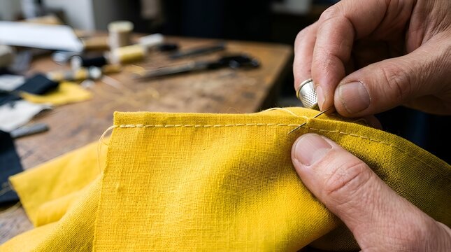 Close-up of hands sewing yellow fabric with needle and thimble