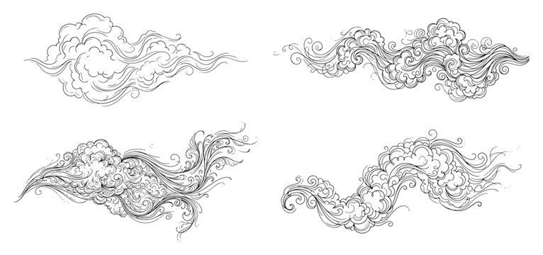 Oriental clouds and wave patterns in decorative line art style
