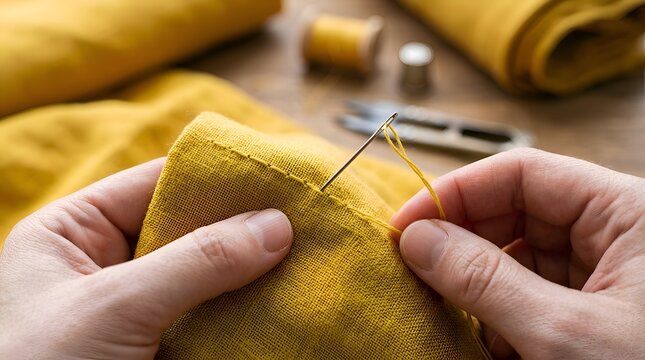 Close-up of hands sewing yellow fabric with needle and thread, craft and hobby concept.