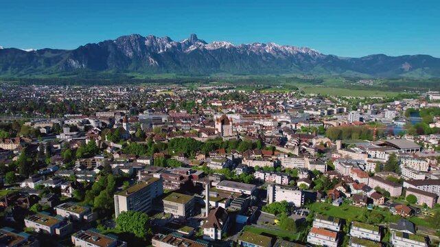 Aerial view around the old town of the city Thun, switzerland on a sunny spring morning