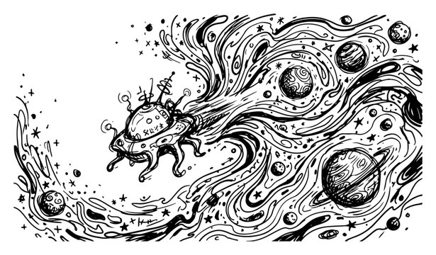 Spaceship flying through galaxy with planets and swirling stars in intricate line art style