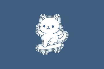 Cute white cartoon cat riding a skateboard with a happy expression in a clean minimal flat vector style illustration design © DzgnVibe