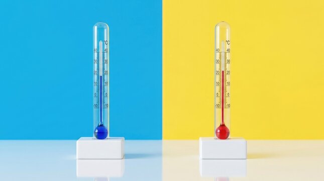 Thermometers with color coded temperature scales on white stands
