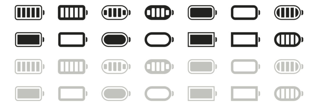 Battery icons collection showing different power levels and charge indicators